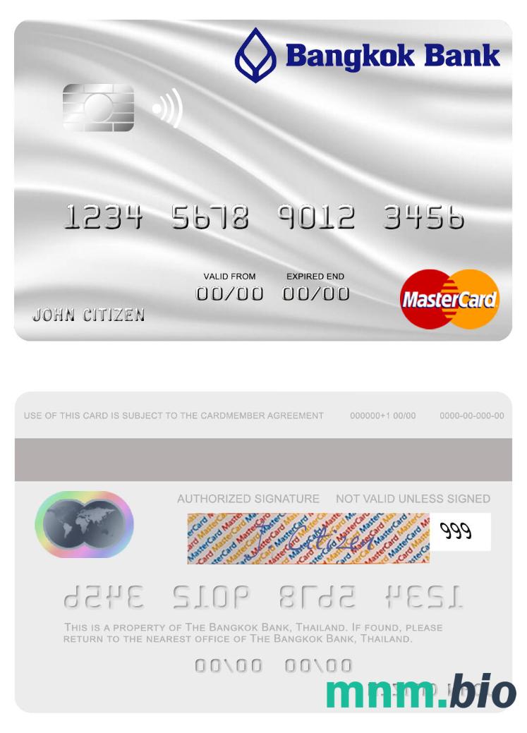 Thailand Bangkok Bank przykład karty mastercard w formacie PSD